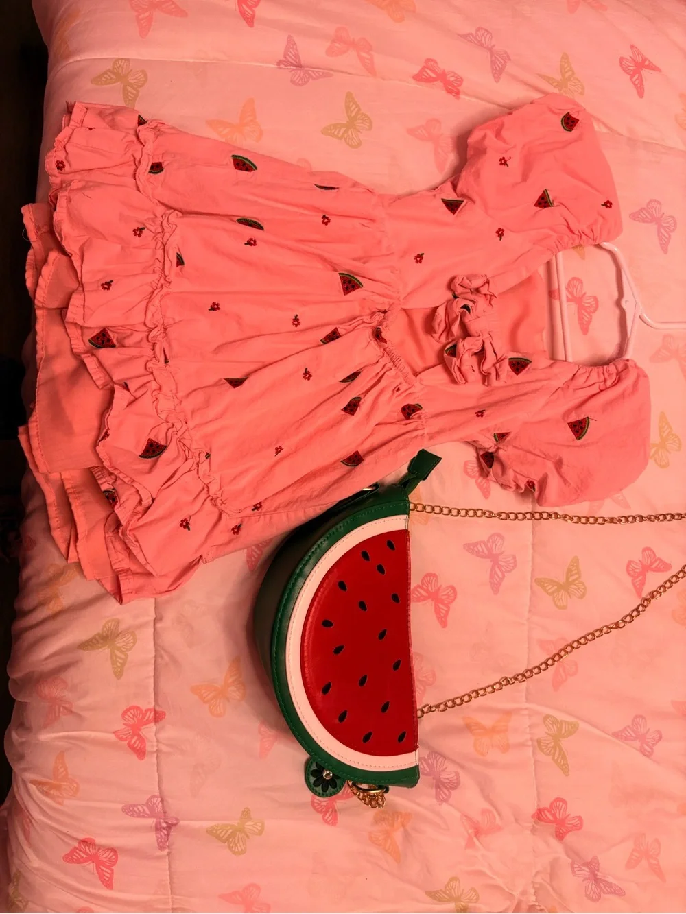 Girls' Pink Watermelon Print Ruffle Dress